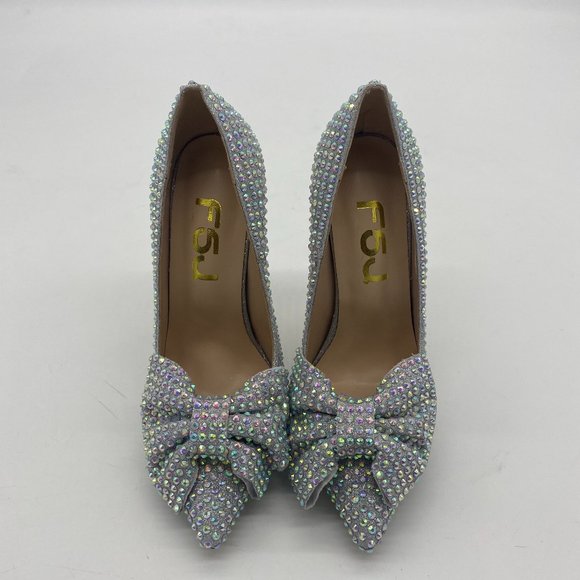 S FSJ Silver Pointed Toe Glitter Rhinestone High Heel Bowknot Wedding Pump - Picture 2 of 9